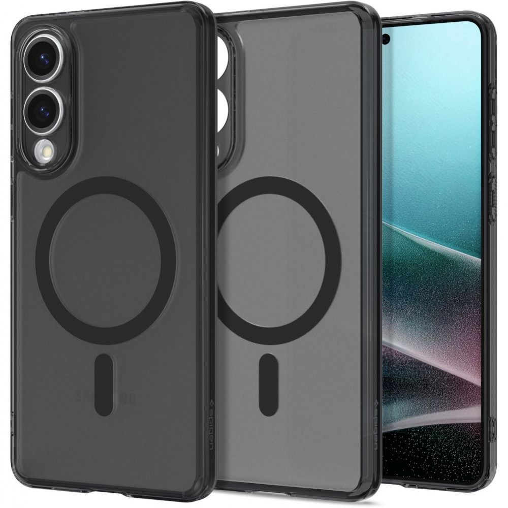 Itin tvirtas pusiau skaidrus juodas dėklas "Spigen Ultra Hybrid Mag Magsafe" telefonui Samsung Galaxy S25 Edge