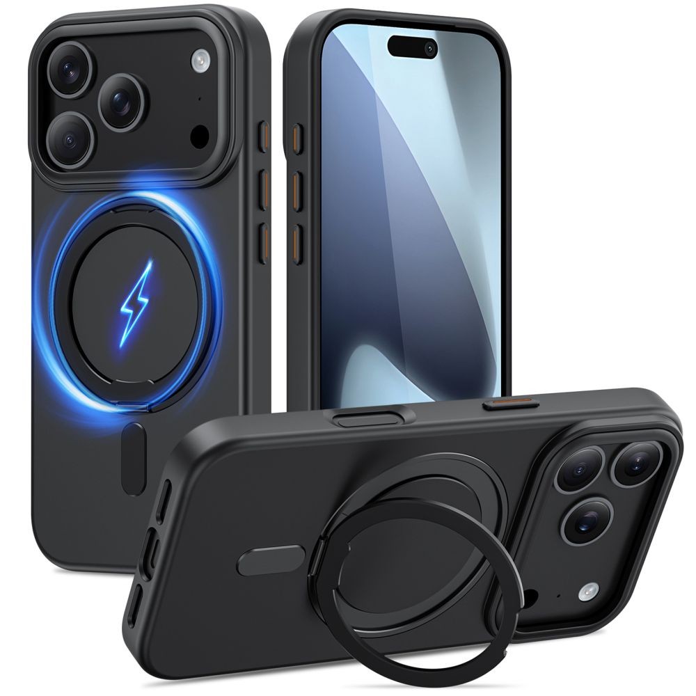Juodas matinis dėklas/stovas "Tech-Protect Magring Magsafe" telefonui iPhone 17 Pro