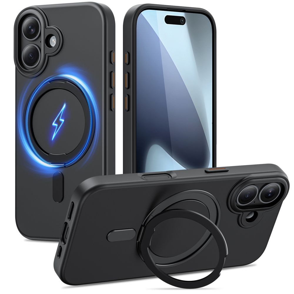 Juodas matinis dėklas/stovas "Tech-Protect Magring Magsafe" telefonui iPhone 17