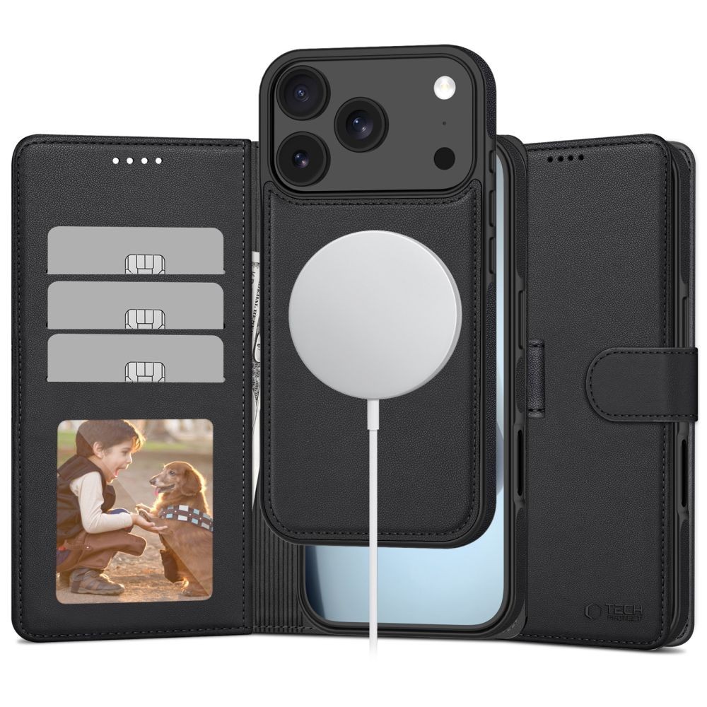 Juodas atverčiamas dėklas "Tech-Protect Wallet Magsafe" telefonui Apple iPhone 17 Pro Max