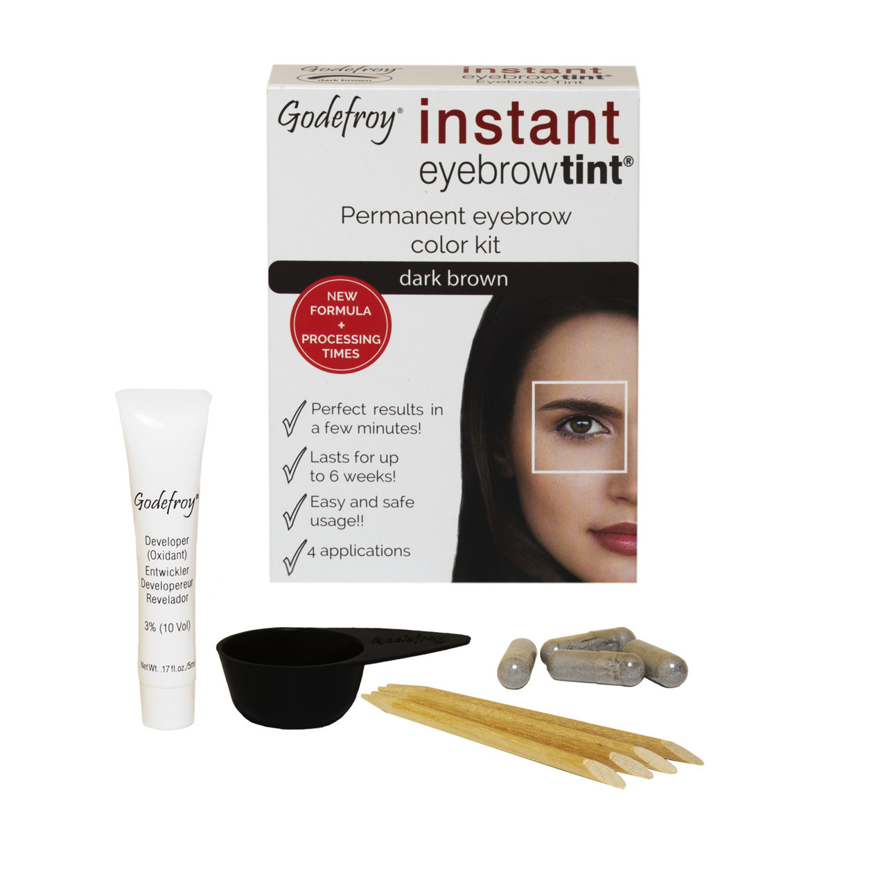 GODEFROY antakių dažymo rinkinys INSTANT EYEBROW TINT, DARK BROWN, tamsiai ruda spalva, 1 vnt.