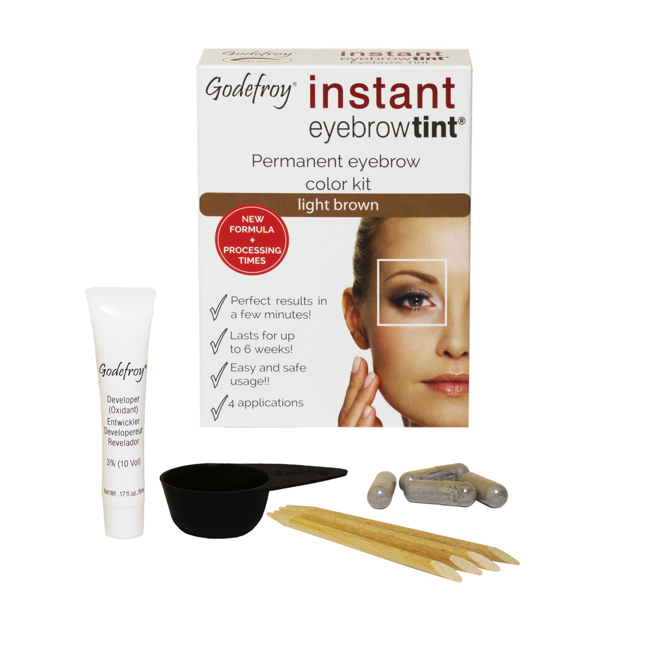 GODEFROY antakių dažymo rinkinys INSTANT EYEBROW TINT, (light brown),  šviesiai ruda spalva, 1 vnt.