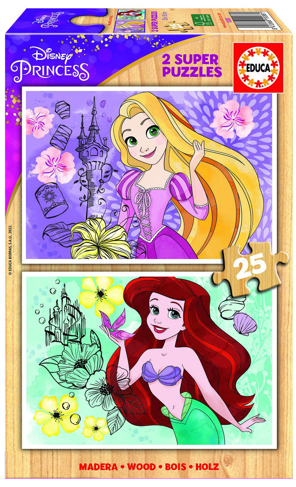 2 dėlionės medinės  DISNEY PRINCESS, 3-5 metų, 2x25 dalių