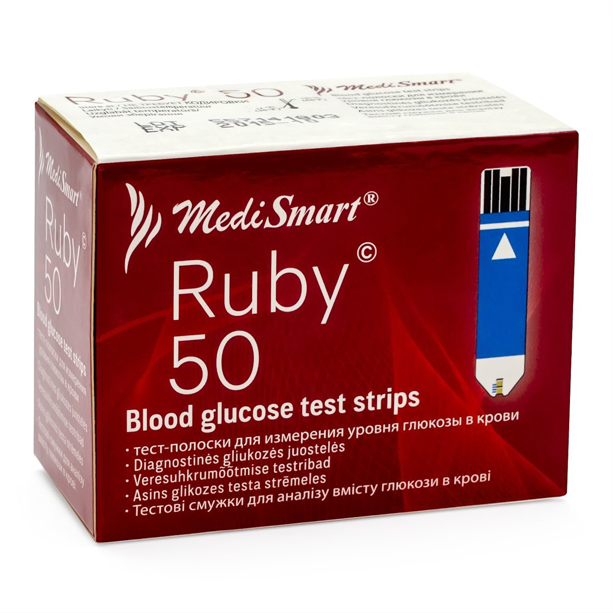MEDISMART RUBY BLOOD GLUCOSE TESTS STRIPS, diagnostinės juostelės gliukozės kiekiui nustatyti (nekalibruojamos), 50 vnt.