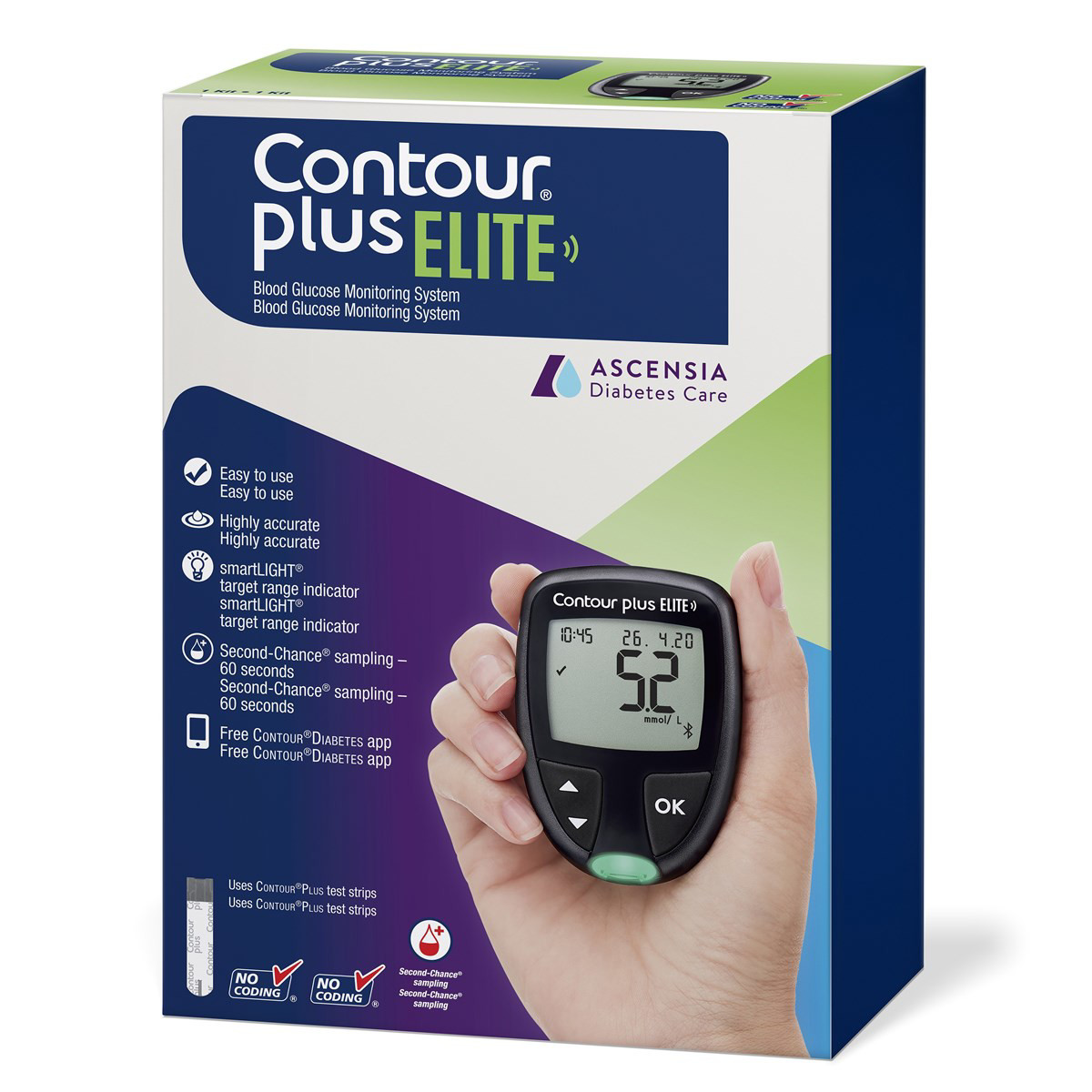 CONTOUR PLUS ELITE, gliukozės kiekio kraujyje stebėjimo sistema: gliukomatis + juostelės, 5 vnt. + adatėlės, 5 vnt. + pradūriklis, 1 vnt.