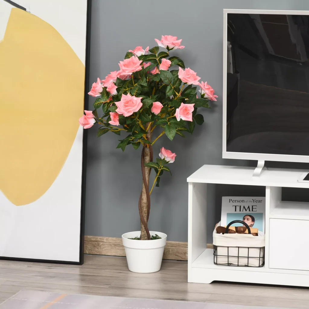 Outsunny 90 cm didelis dirbtinis rožių medis vazone, plastikinė dirbtinė gėlė kaip tikra, moderni dekoracija svetainei, miegamajam, biurui, dovana