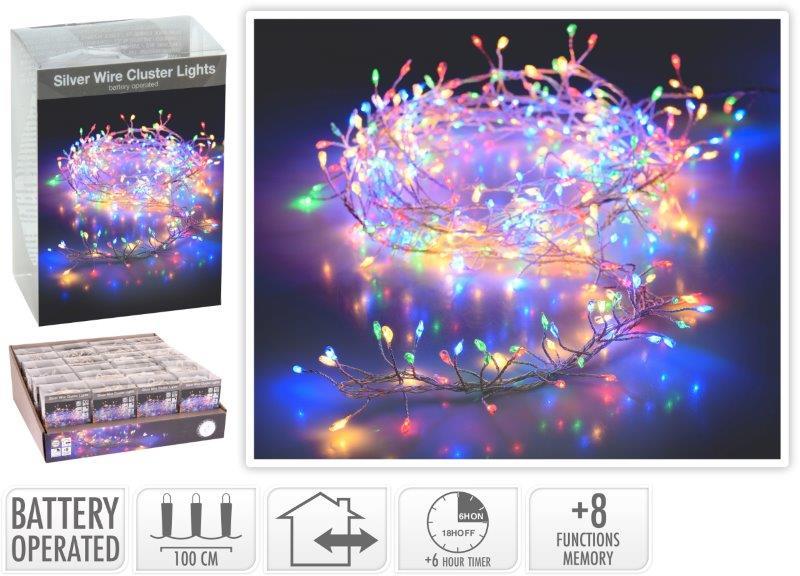 Elektrinė girlianda SILVERWIRE CLUSTER, 100 LED, IP44, 8 režimai, įvairių sp., 3 x AA neįeina, 1 m