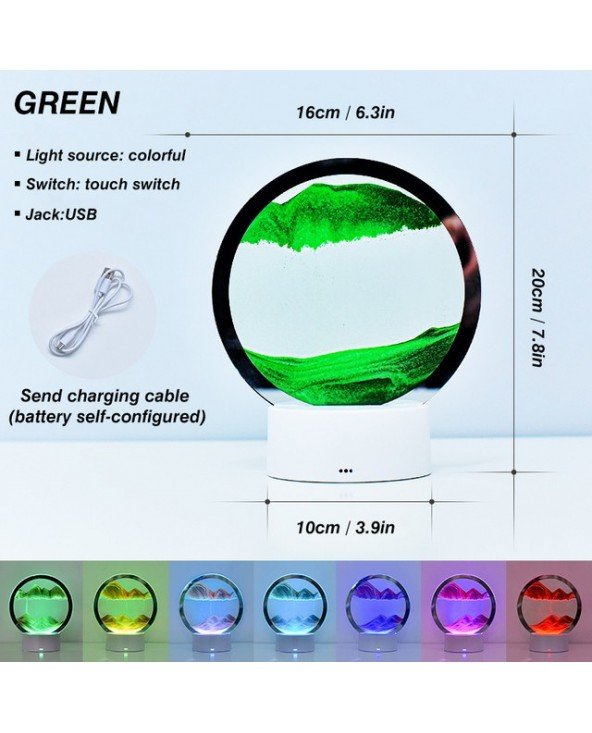 LED smėlio lempa 7 spalvų 3D meno smėlio scena Dinamiška apvali Stiklo smėlio laikrodis Touch Dimming Quicksand Painting Table