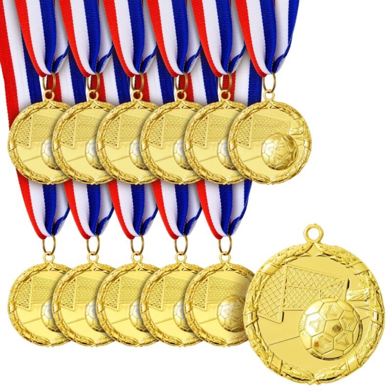12 aukso spalvos medalių ant juostelės futbolui 5 cm skersmuo
