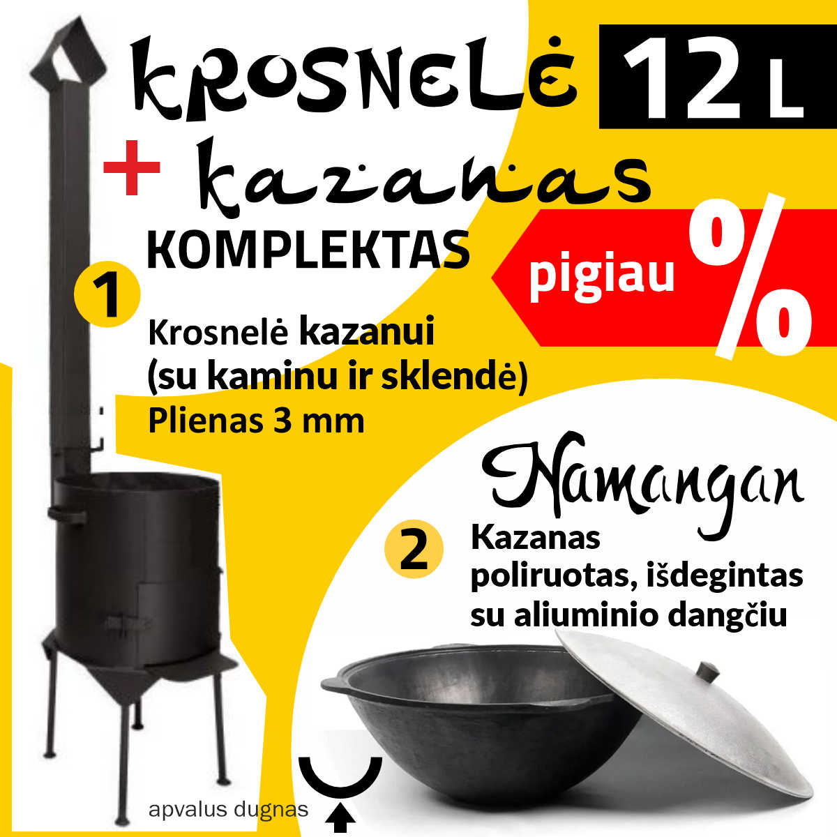 Kazanas su krosnele (kazanas 12L (Namangan) | apvalus dugnas + Krosnelė kazanui D-360 mm)