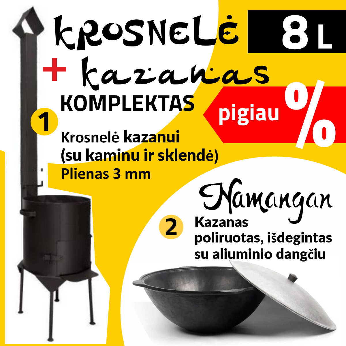 Kazanas su krosnele, 8 L (kazanas Namangan) ir 360 mm krosnelė (plienas 3 mm)