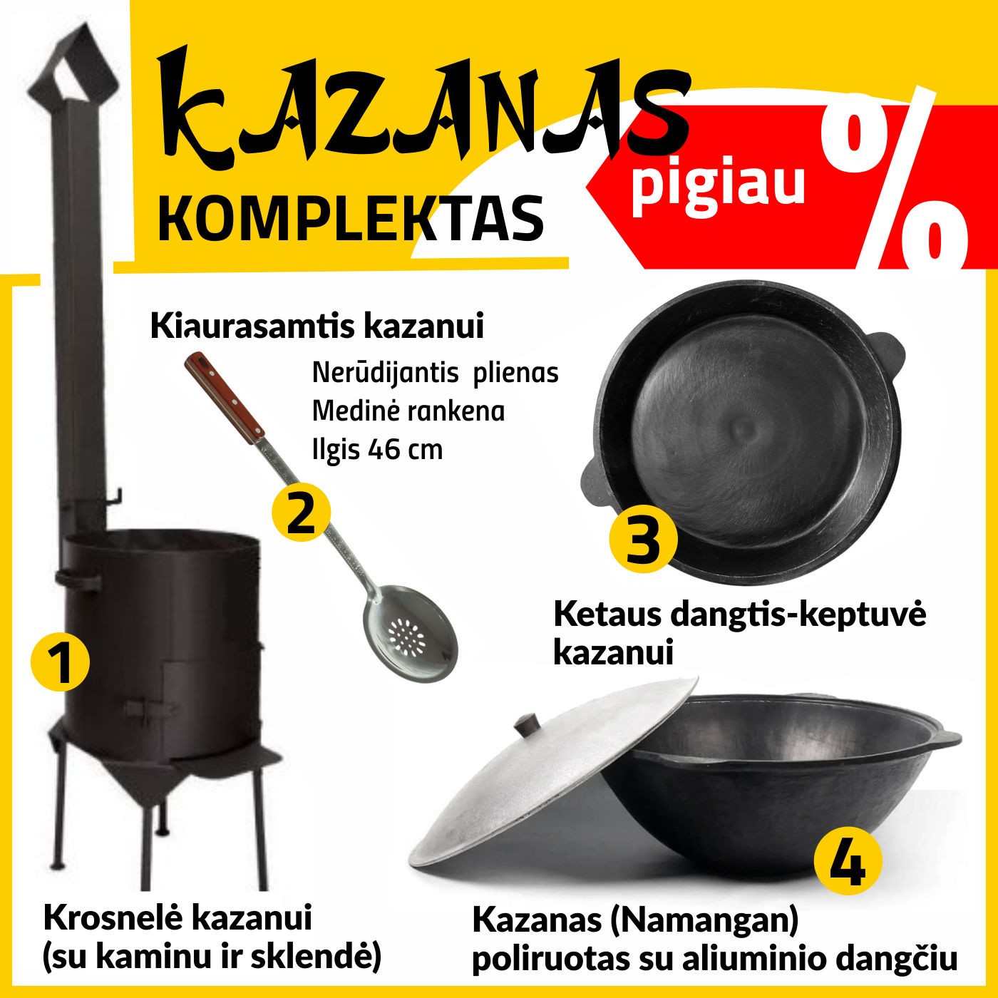 Komplektas: Krosnelė (3mm) - Kazanas 12L plokščias dugnas - Dangtis-keptuvė- Kiaurasamtis