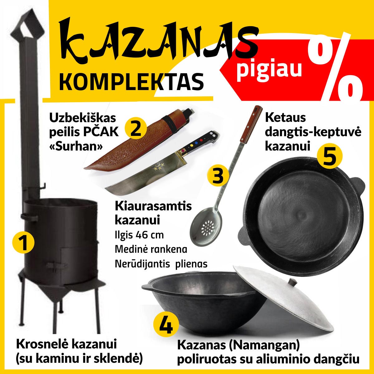 Komplektas: Krosnelė (3mm) Kazanas 16L - Dangtis-keptuvė- Kiaurasamtis - Peilis