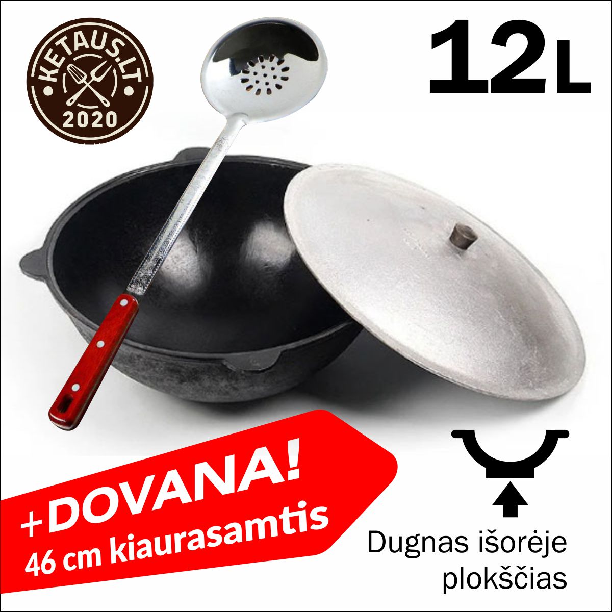 Užbekiškas poliruotas kazanas 12L (Namangan) plokščias dugnas su DOVANA — kiaurasamčiu!