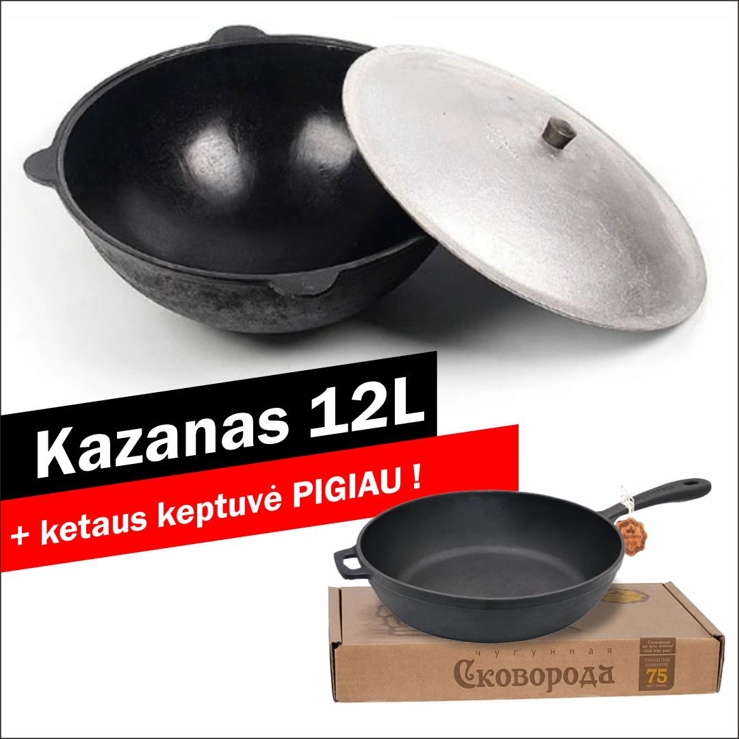 Užbekiškas poliruotas kazanas 12L (Namangan) plokščias dugnas ir keptuvė — PIGIAU!