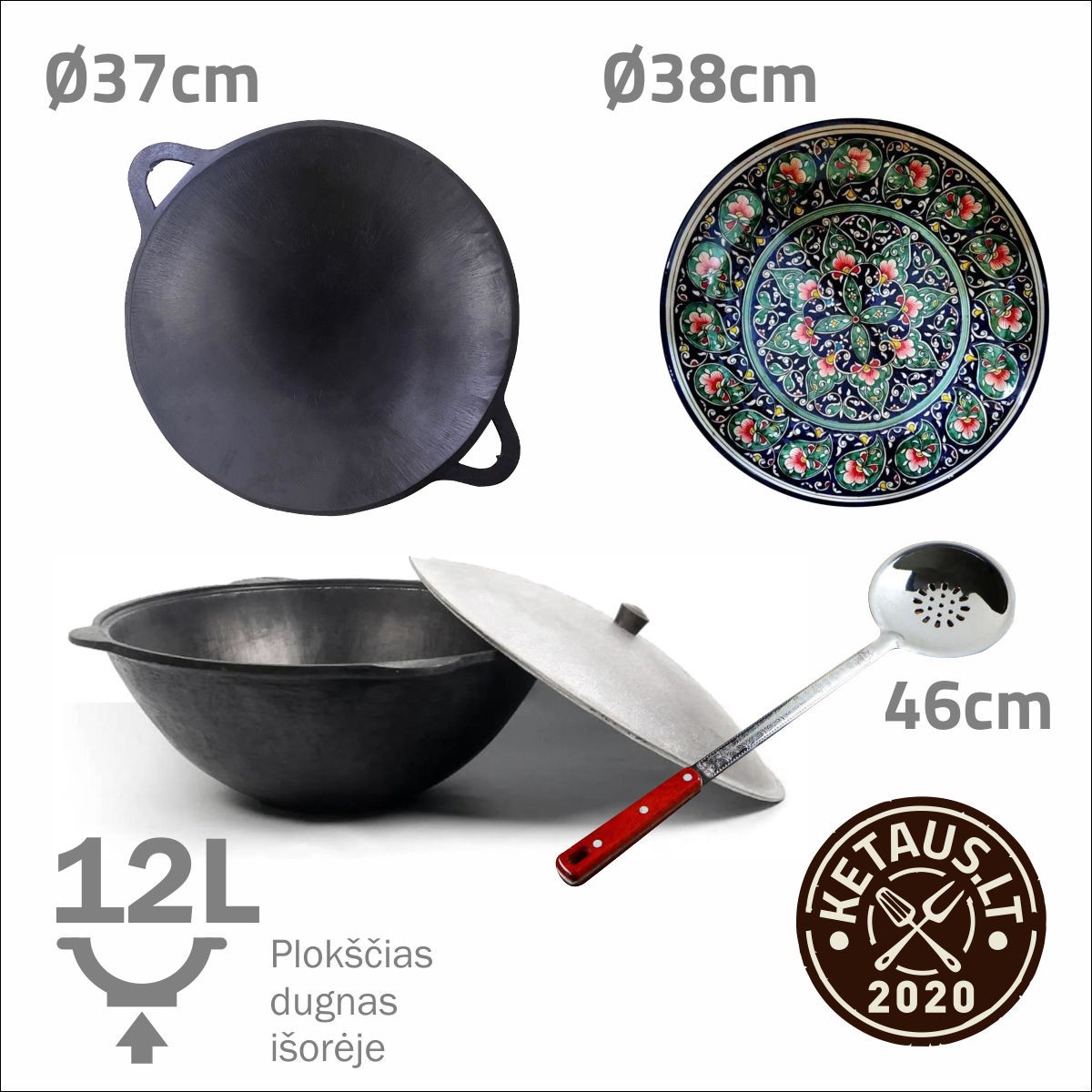 Uzbekiškas poliruotas kazanas 12l (Namangan) plokščias dugnas (išorėje) + Sadž 37cm + Leganas 37cm + Kiaurasamtis 46cm