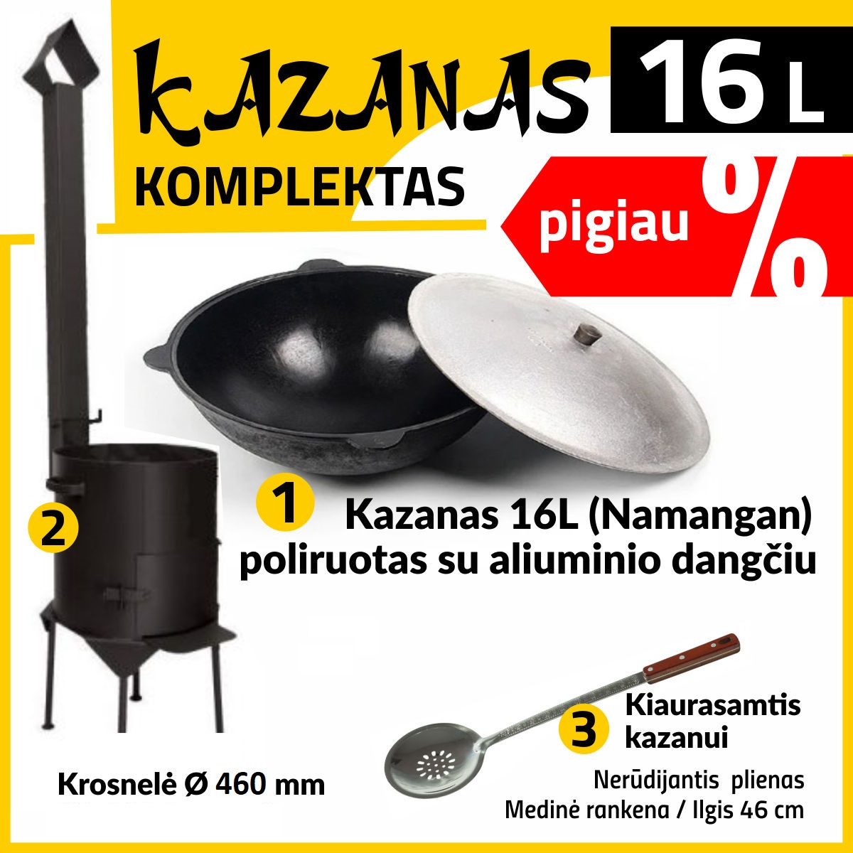 Komplektas: Krosnelė kazanui d460, 3mm  + Uzbekiškas kazanas 16L Namangan (išdegintas, poliruotas) | plokščias dugnas + Kiaurasamtis