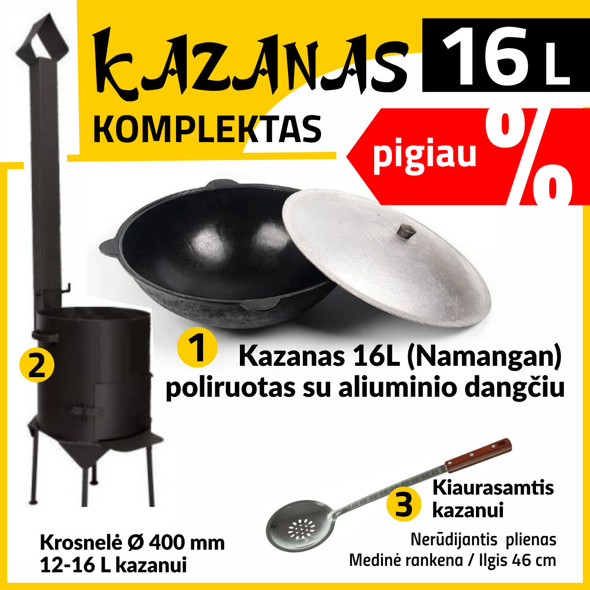 Komplektas: Krosnelė kazanui 3mm + Uzbekiškas kazanas 16L Namangan (išdegintas, poliruotas) | plokščias dugnas + Kiaurasamtis