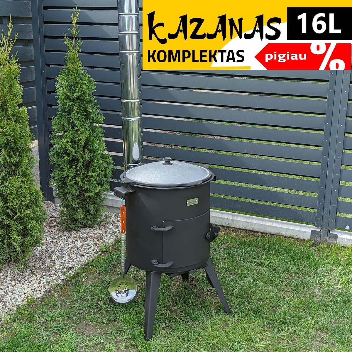 Komplektas: Uzbekiškas išdegintas kazanas 16L apvalus dugnas + Krosnelė kazanui + Kiaurasamtis