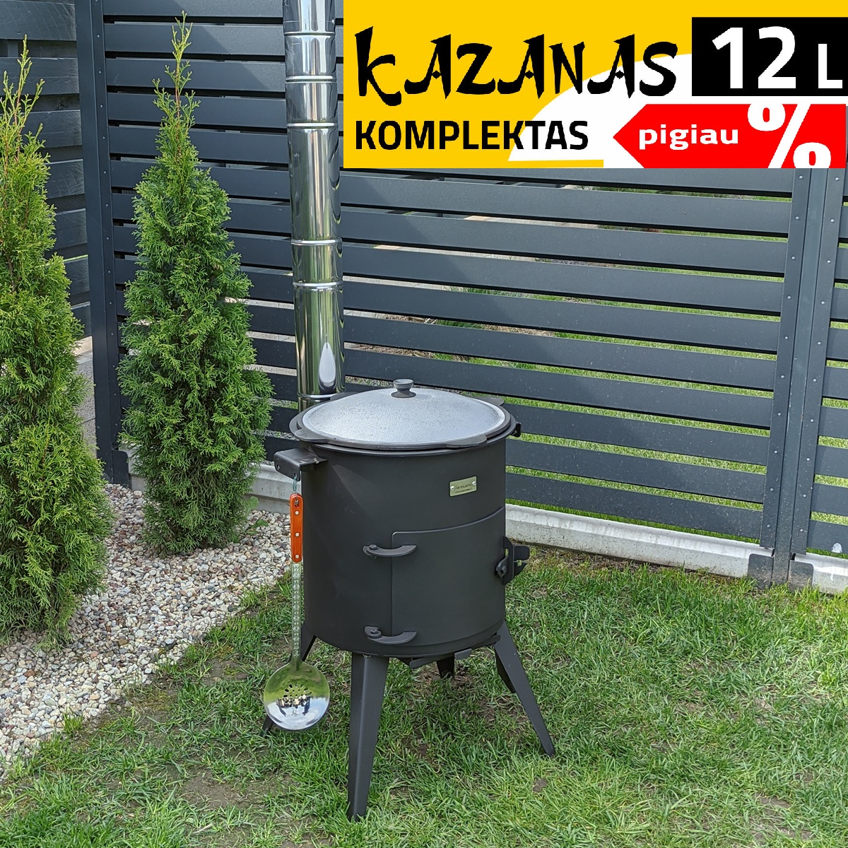 Komplektas: Uzbekiškas išdegintas kazanas 12L apvalus dugnas + Krosnelė kazanui + Kiaurasamtis