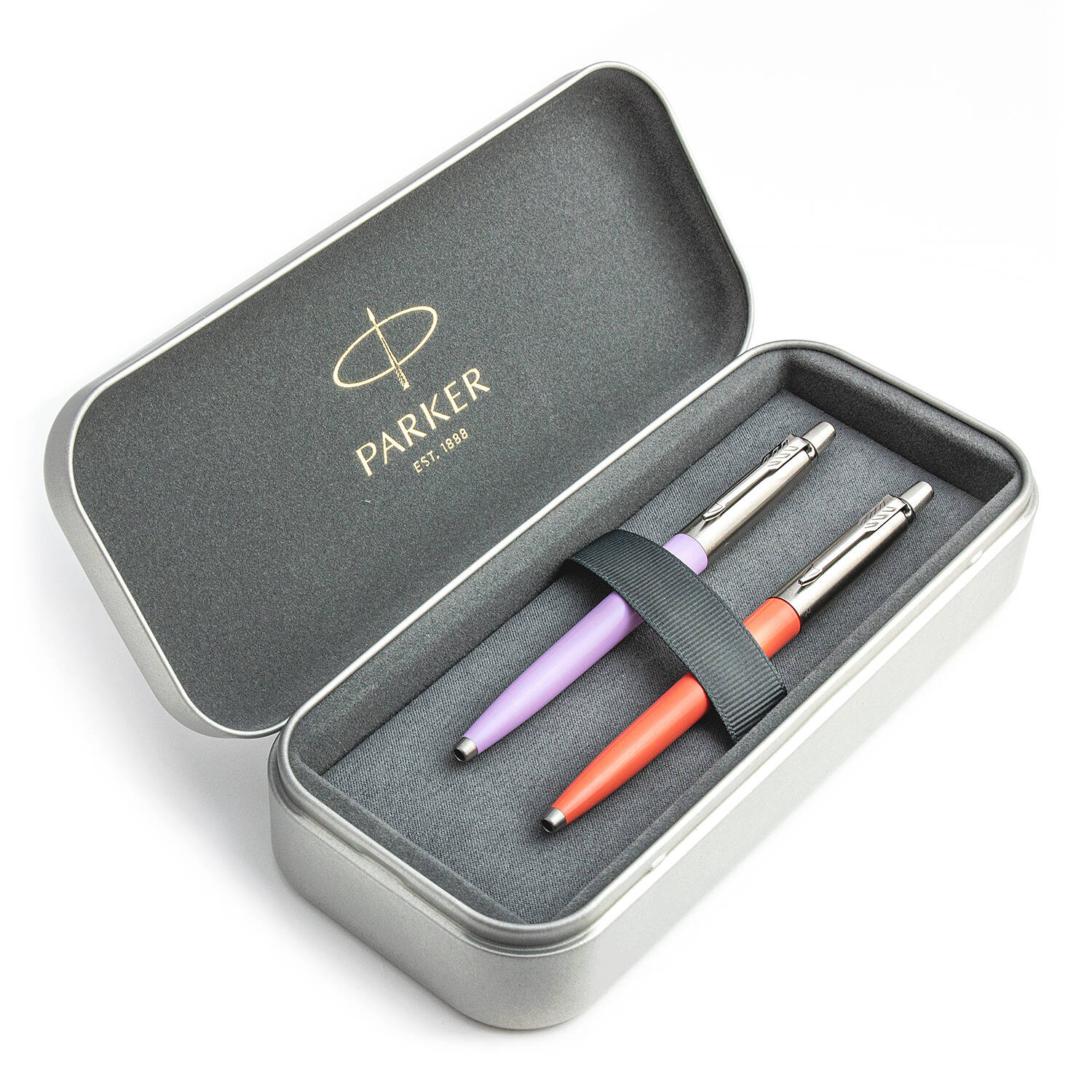 Parker Jotter Originals Lilac ir Coral Tušinukų dovanų rinkinys su metaliniu dėklu