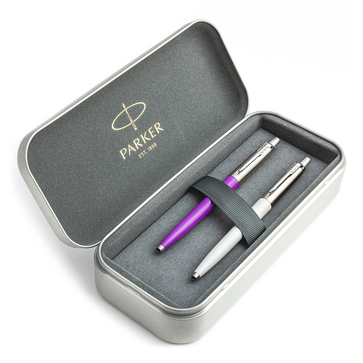 Parker Jotter Originals Purple ir Pearl Grey Tušinukų dovanų rinkinys su metaliniu dėklu