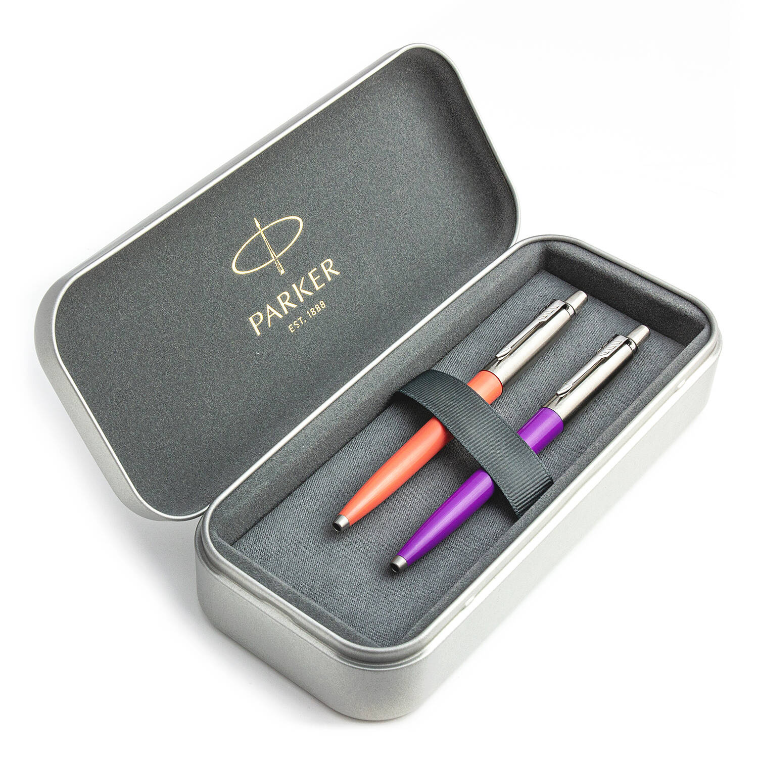 Parker Jotter Originals Coral ir Purple Tušinukų rinkinys su metaliniu dėklu