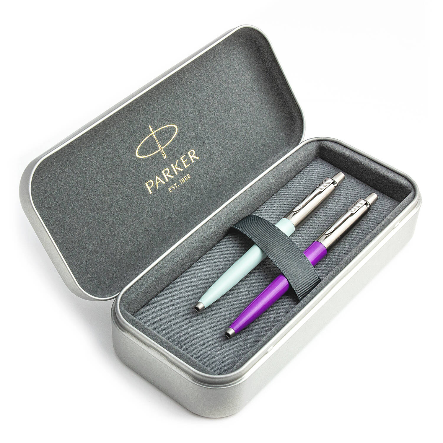 Parker Jotter Originals Pastel Blue ir Purple Tušinukų dovanų rinkinys su metaliniu dėklu