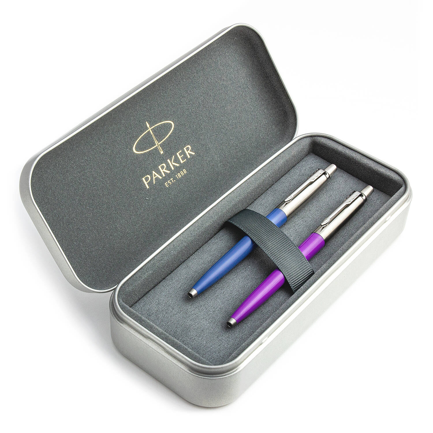 Parker Jotter Originals Blue ir Purple Tušinukų dovanų rinkinys su metaliniu dėklu