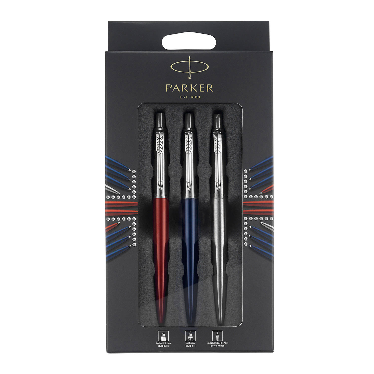 Parker Jotter Kensington Red Ct ir Jotter Royal Blue CT gelinio rašiklio ir nerūdijančio plieno automatinių pieštukų rinkinys - 2032740