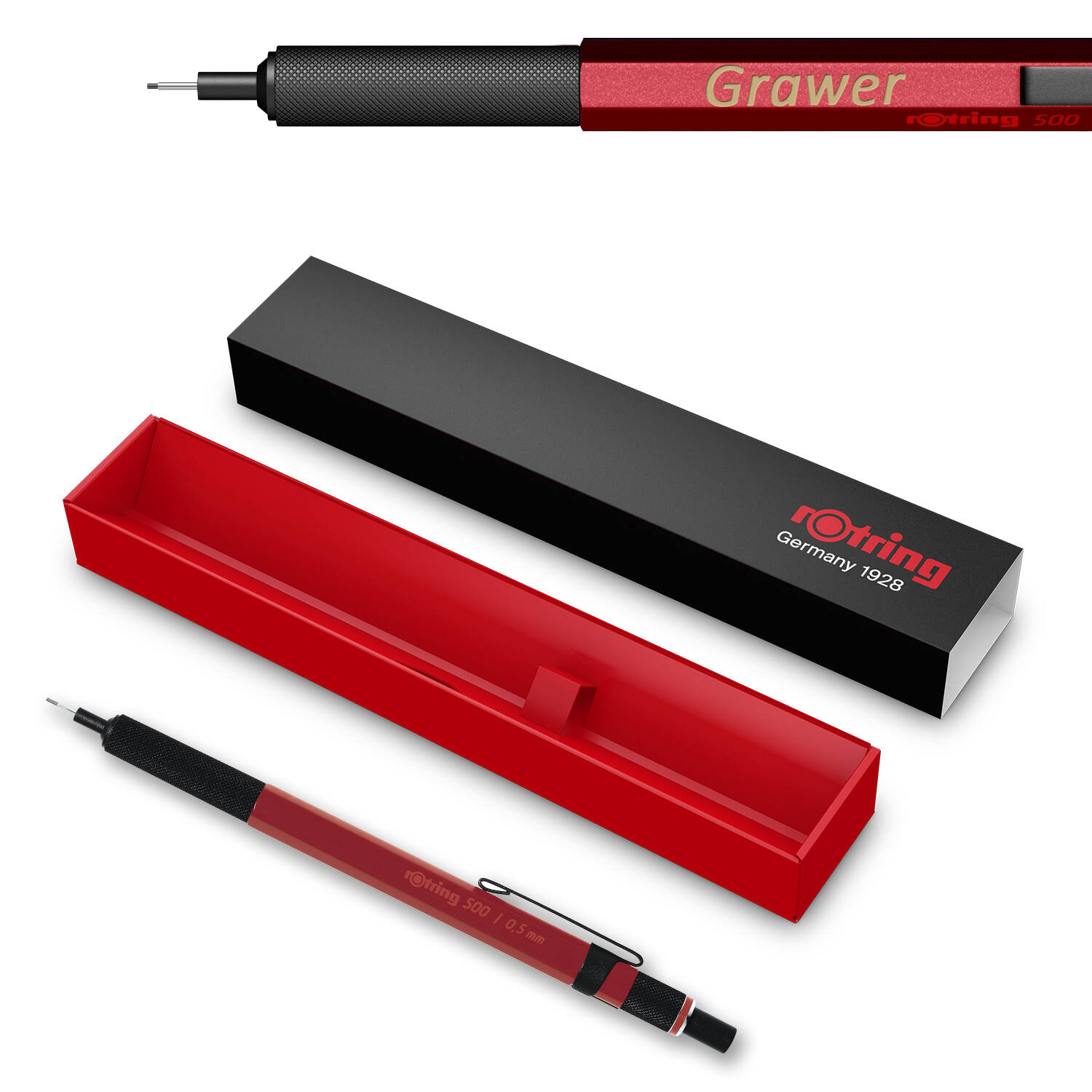 Rotring Tikky HB Red Automatinis pieštukas su trintuku su graviravimu