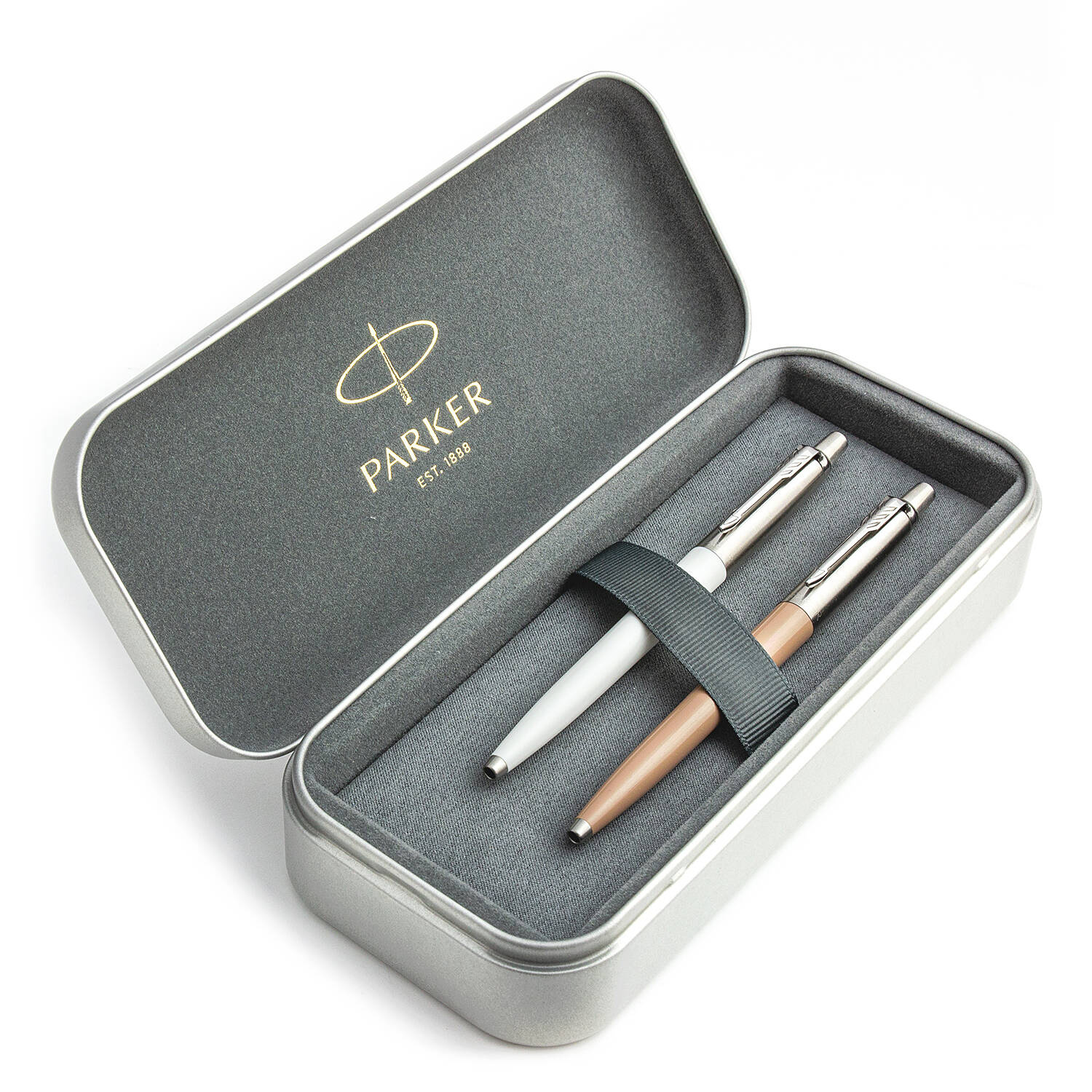 Parker Jotter Originals Pearl ir Beige Tušinukų dovanų rinkinys su metaliniu dėklu