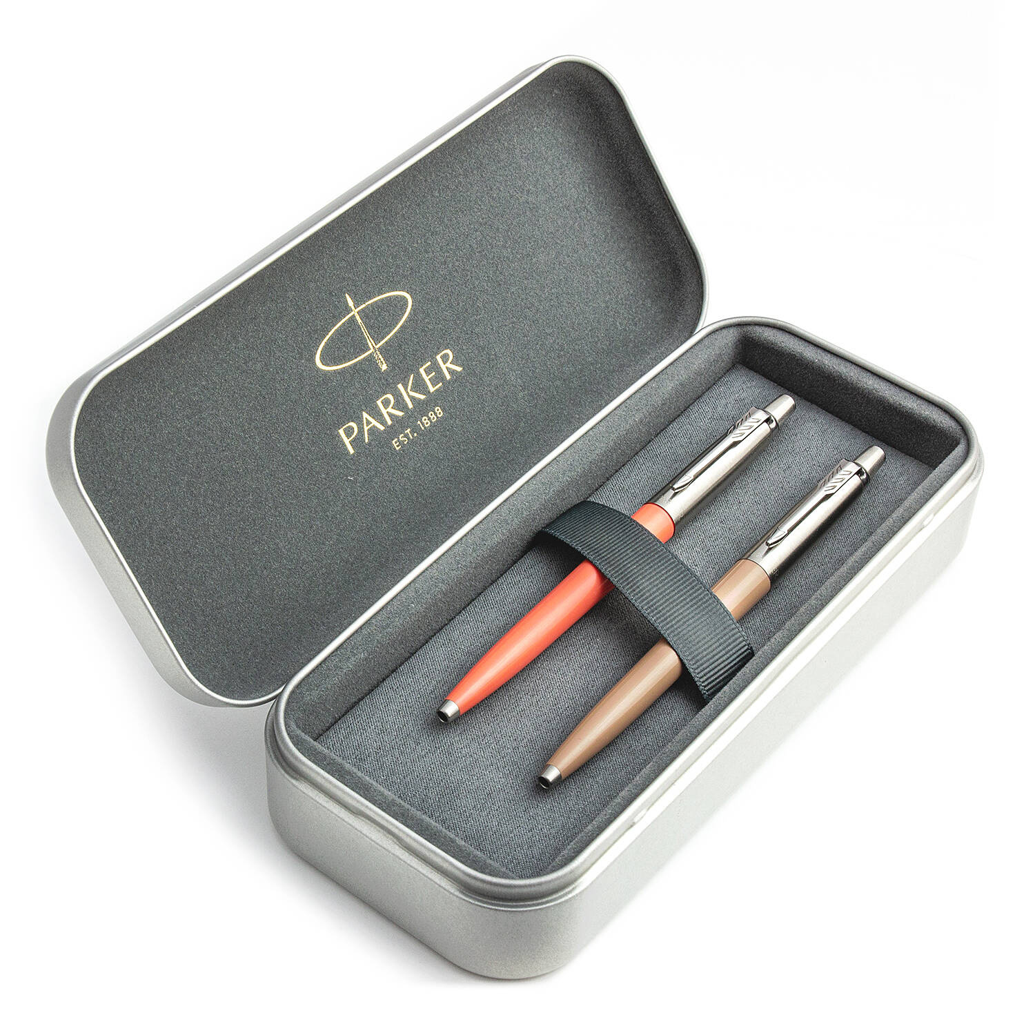 Parker Jotter Originals Coral ir Beige Tušinukų dovanų rinkinys su metaliniu dėklu