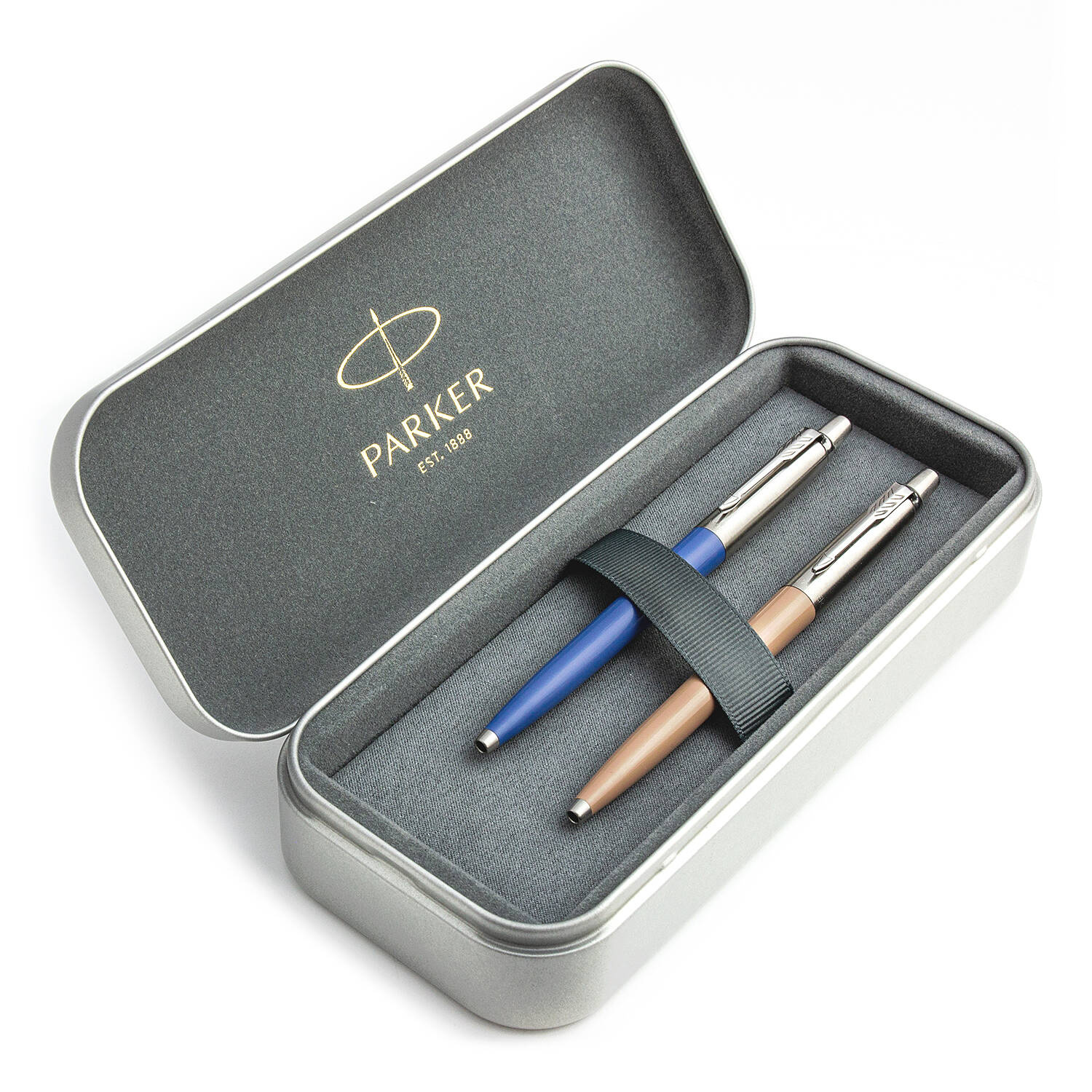 Parker Jotter Originals Blue ir Beige Tušinukų dovanų rinkinys su metaliniu dėklu