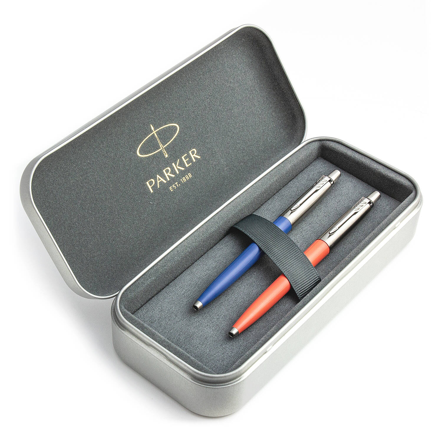Parker Jotter Originals Blue ir Coral Tušinukų dovanų rinkinys su metaliniu dėklu