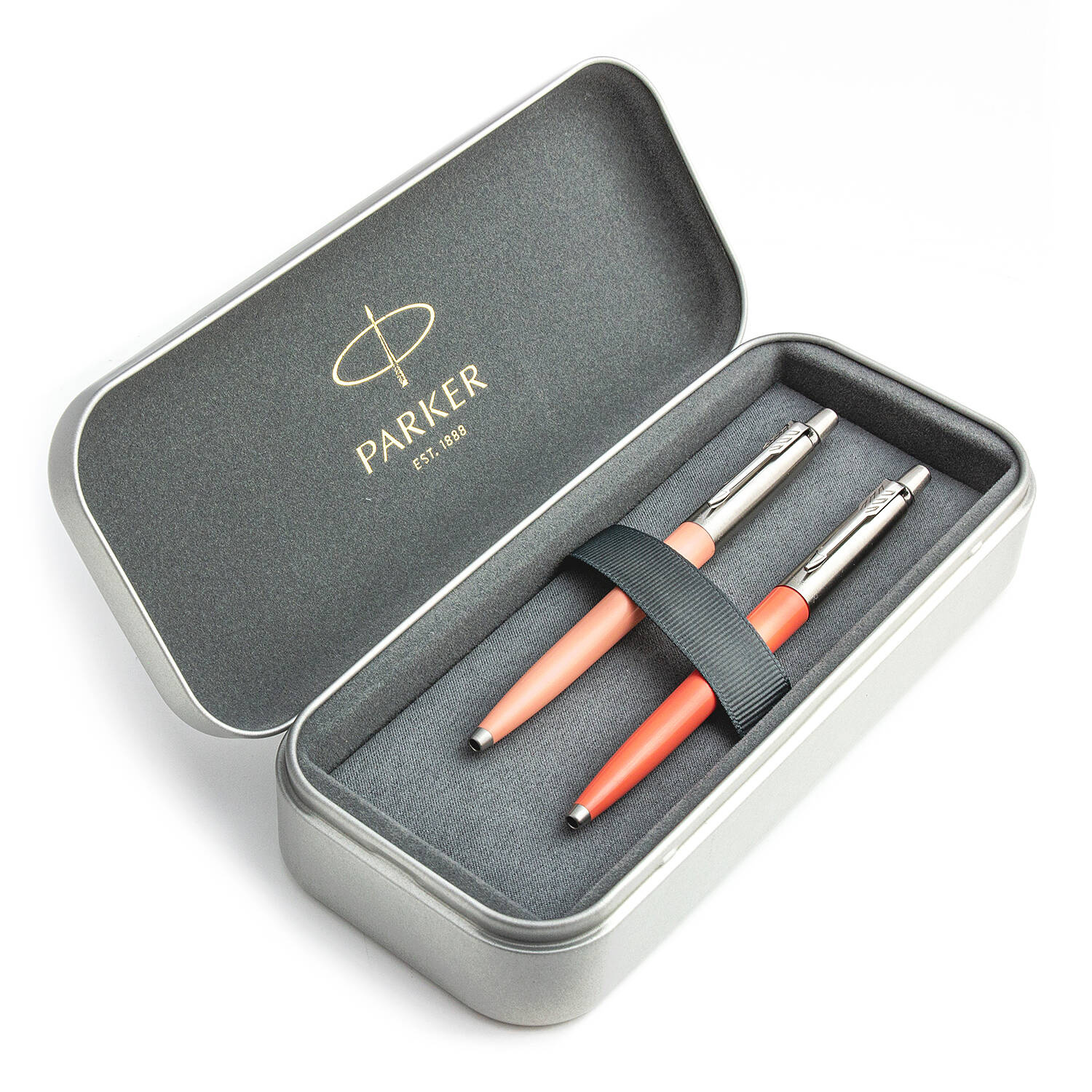Parker Jotter Originals Powder Pink ir Coral Tušinukų dovanų rinkinys su metaliniu dėklu