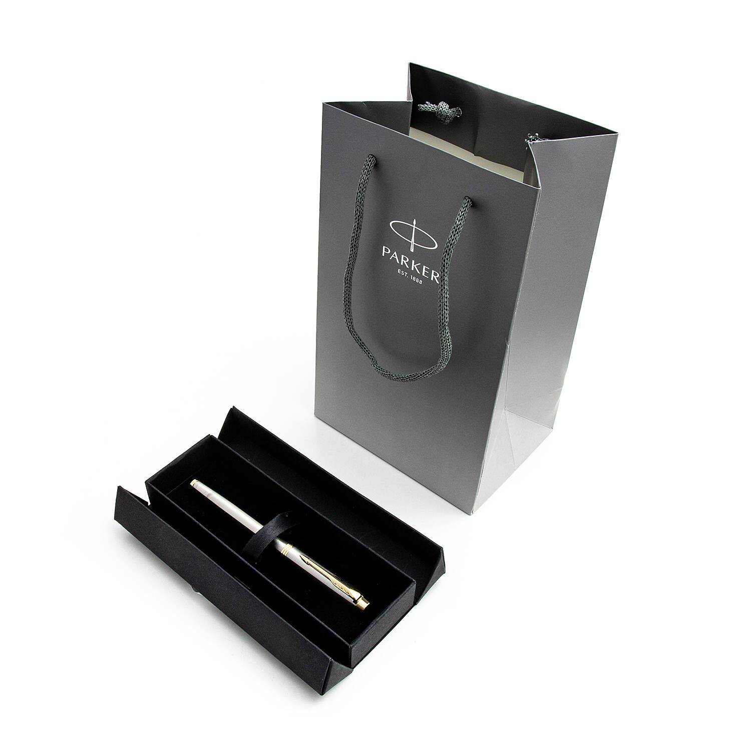 Parker IM Brushed Metal GT Rašiklio rinkinys pilkoje dėžutėje su kaspinu ir dovanų maišeliu