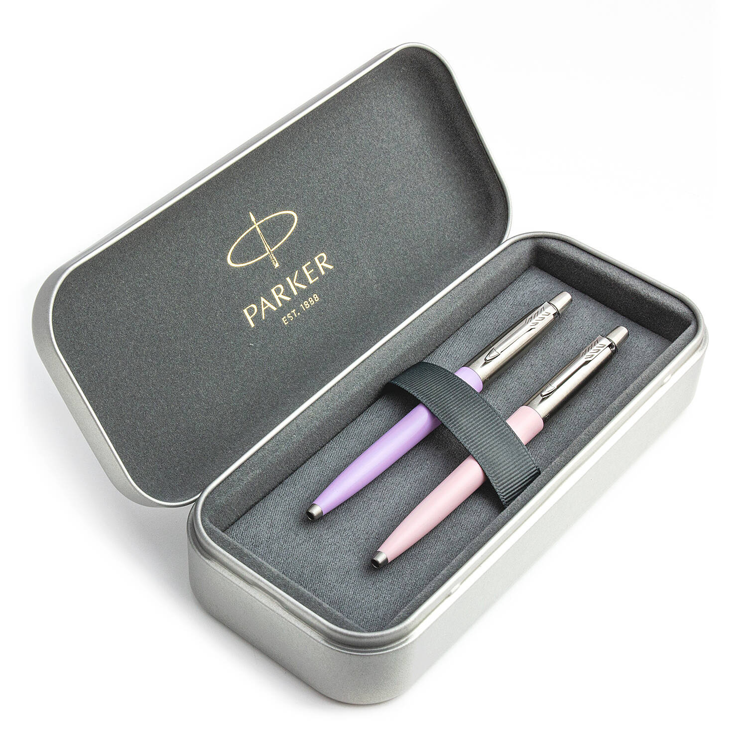 Parker Jotter Originals Lilac ir Pink Tušinukų dovanų rinkinys su metaliniu dėklu