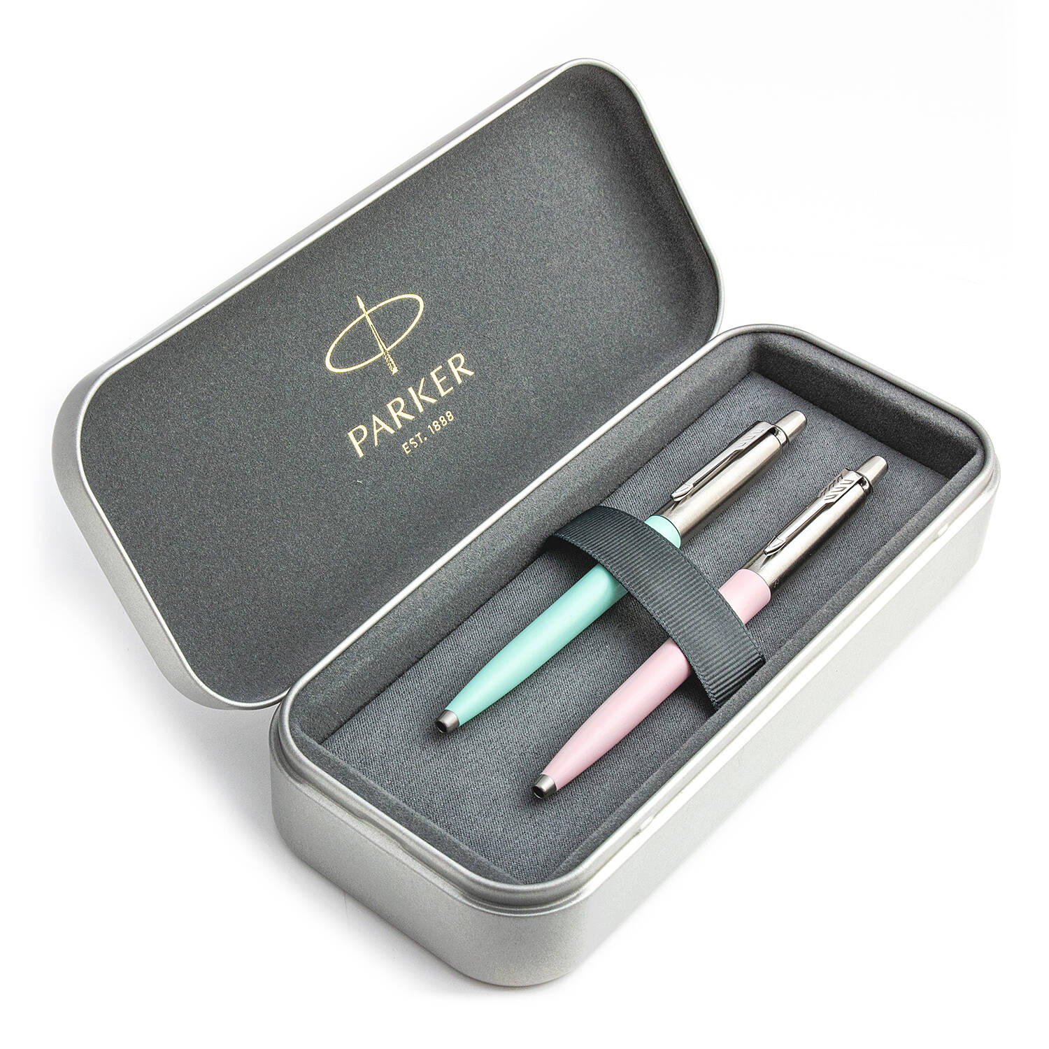 Parker Jotter Originals Pink ir Mint Tušinukų dovanų rinkinys su metaliniu dėklu