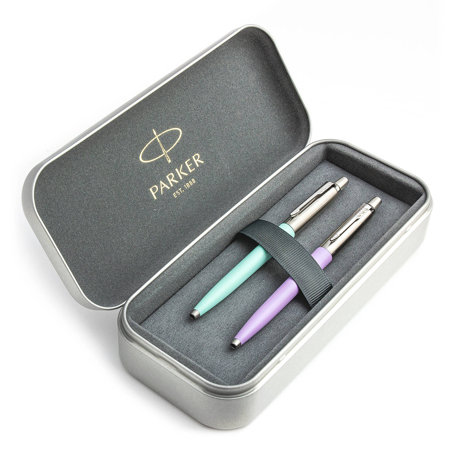 Parker Jotter Originals Mint ir Lilac Tušinukų dovanų rinkinys su metaliniu dėklu