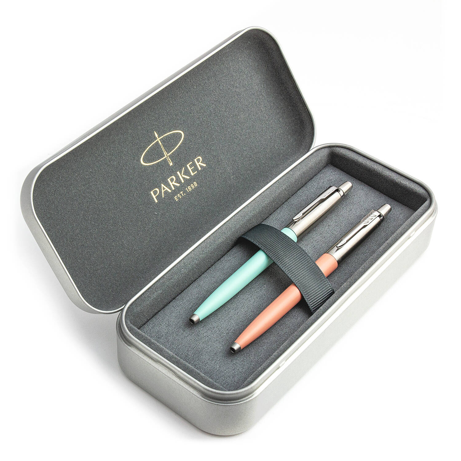 Parker Jotter Originals Mint ir Powder Pink Tušinukų dovanų rinkinys su metaliniu dėklu