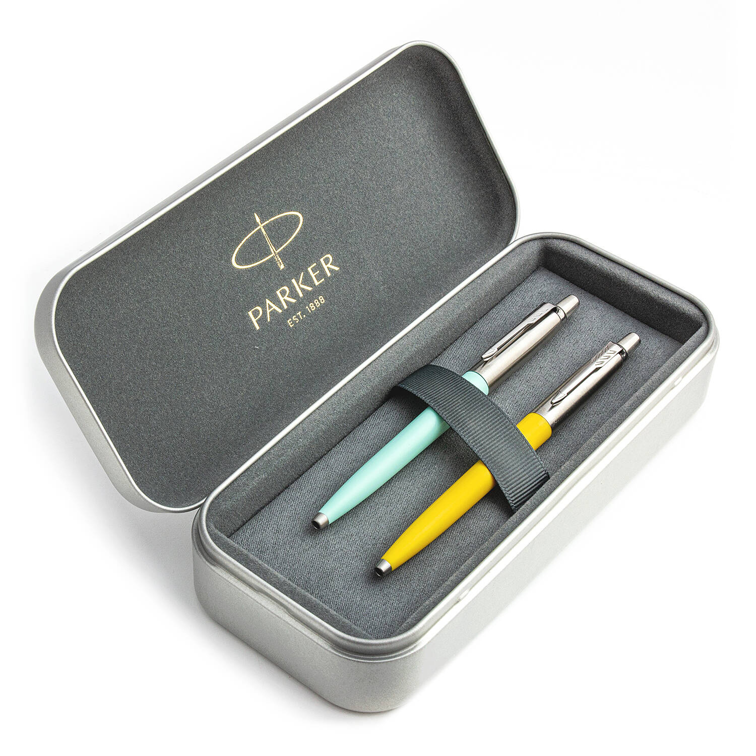 Parker Jotter Originals Mint ir Yellow Tušinukų dovanų rinkinys su metaliniu dėklu