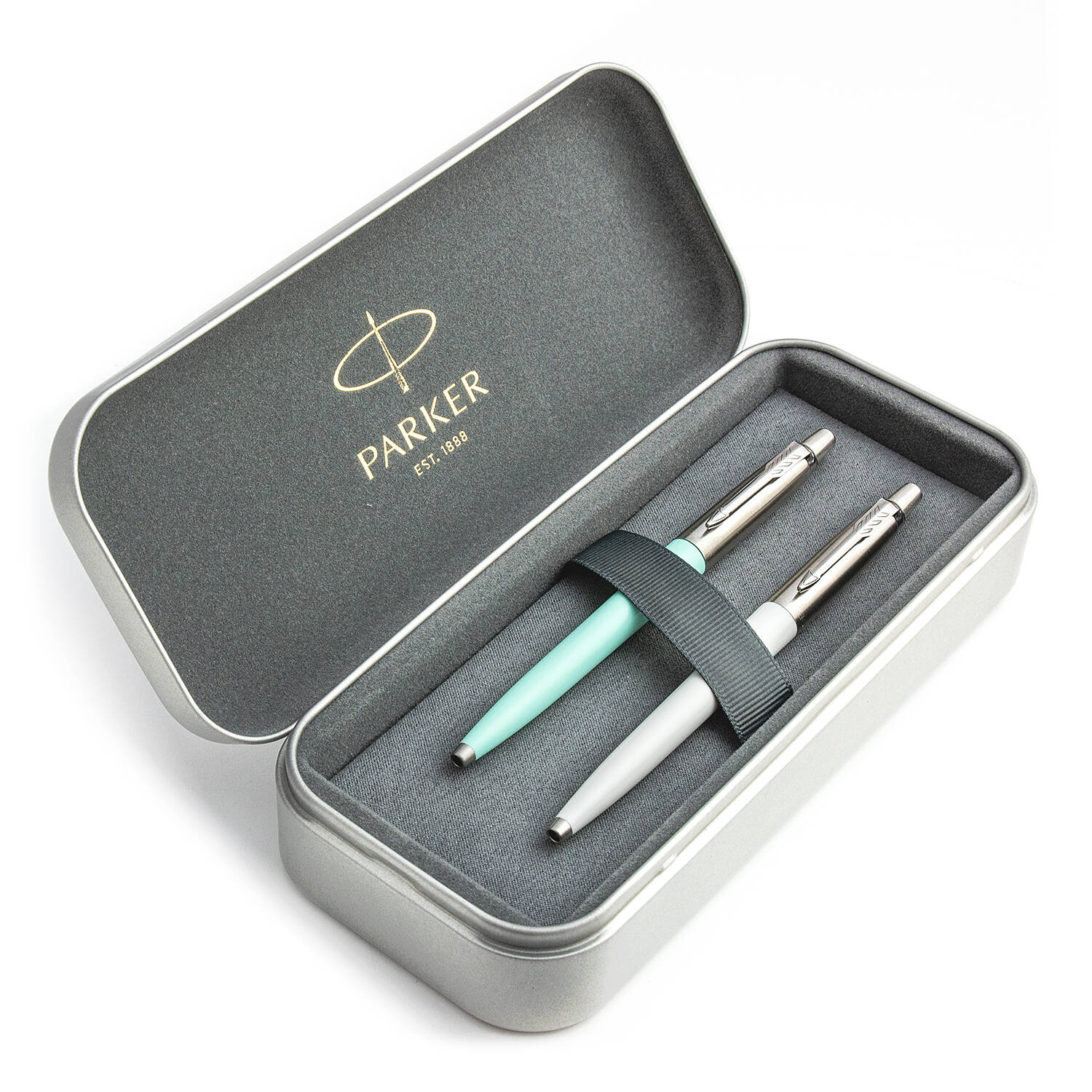 Parker Jotter Originals Mint ir Pearl Tušinukų dovanų rinkinys su metaliniu dėklu