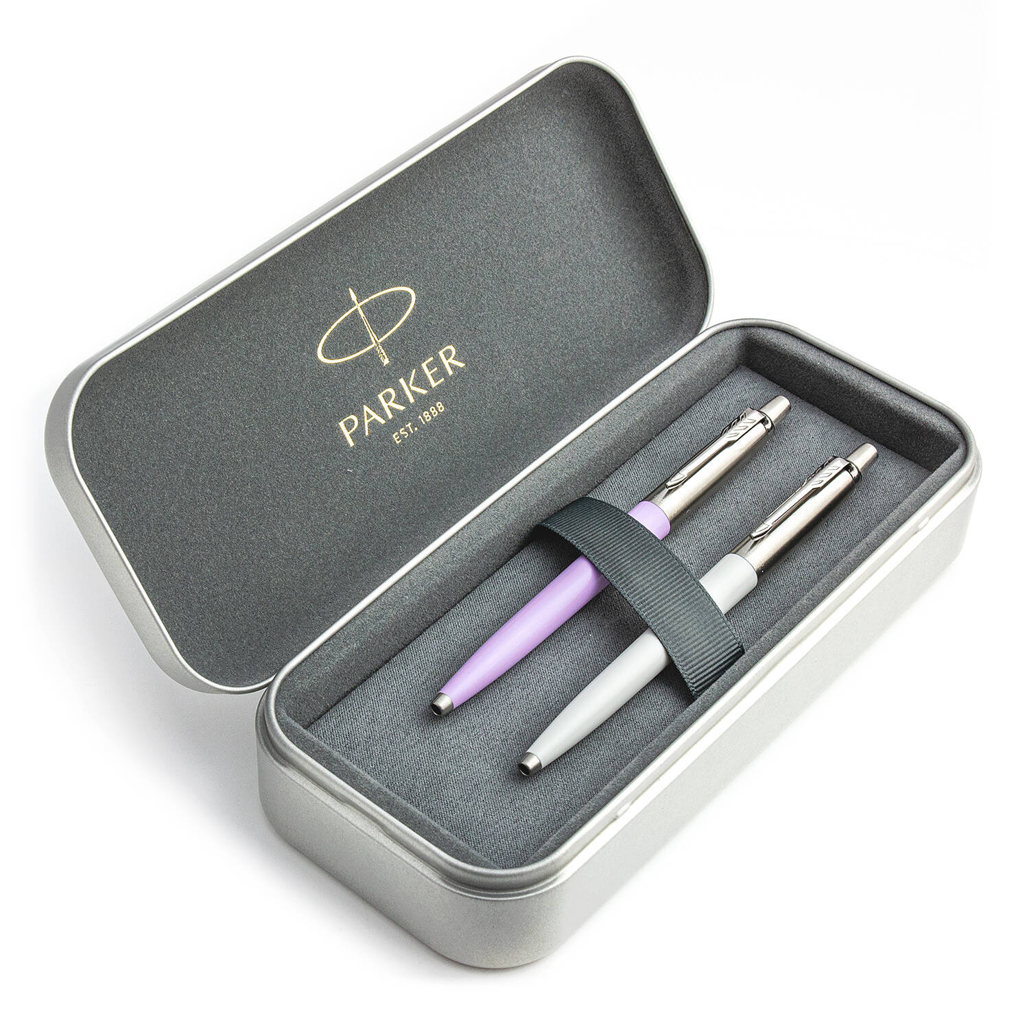 Parker Jotter Originals Lilac ir Pearl Tušinukų dovanų rinkinys su metaliniu dėklu