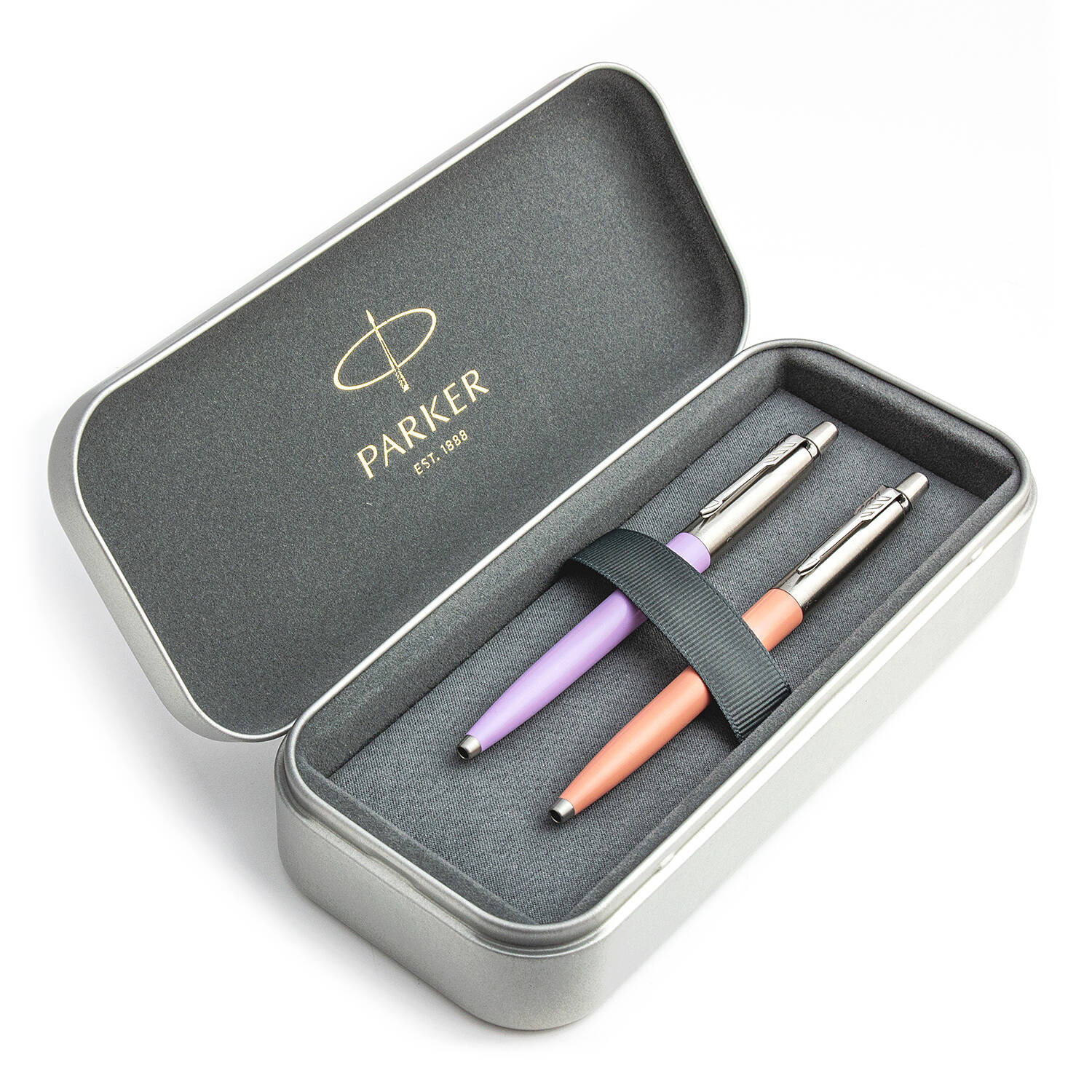 Parker Jotter Originals Lilac ir Powder Pink Tušinukų dovanų rinkinys su metaliniu dėklu