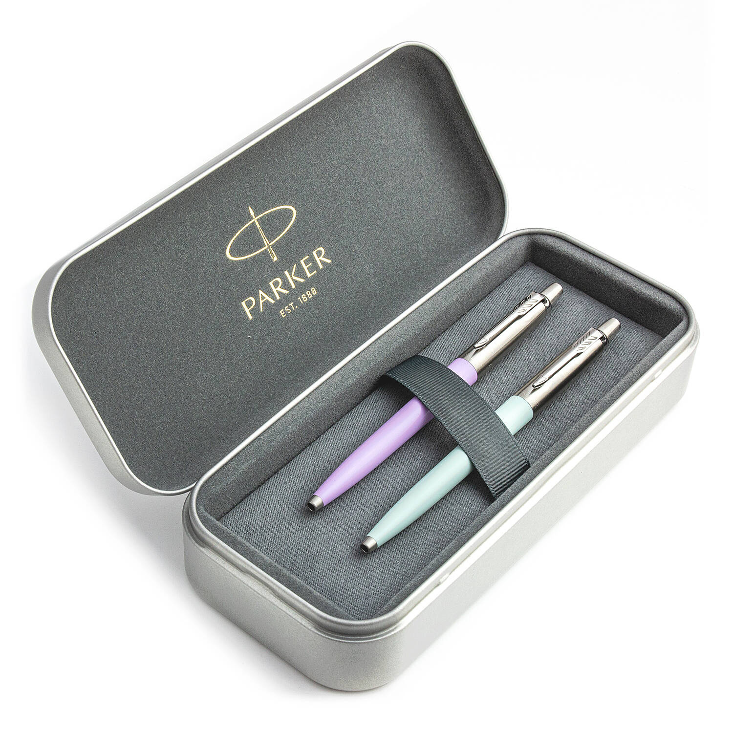 Parker Jotter Originals Lilac ir Pastel Blue Tušinukų dovanų rinkinys su metaliniu dėklu