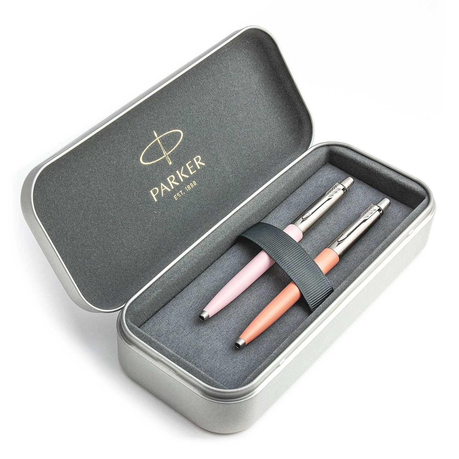 Parker Jotter Originals Pink ir Powder Pink Tušinukų dovanų rinkinys su metaliniu dėklu
