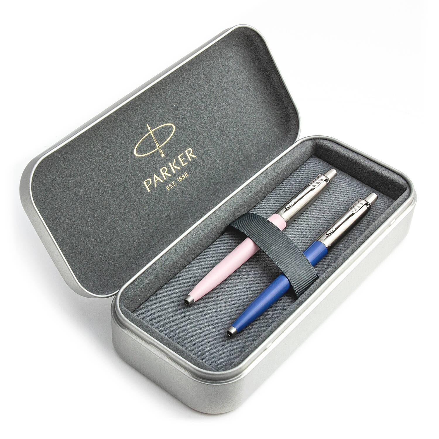 Parker Jotter Originals Pink ir Blue Tušinukų dovanų rinkinys su metaliniu dėklu