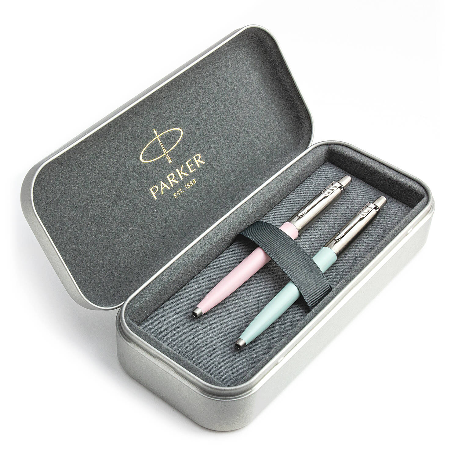 Parker Jotter Originals Pink ir Pastel Blue Tušinukų dovanų rinkinys su metaliniu dėklu