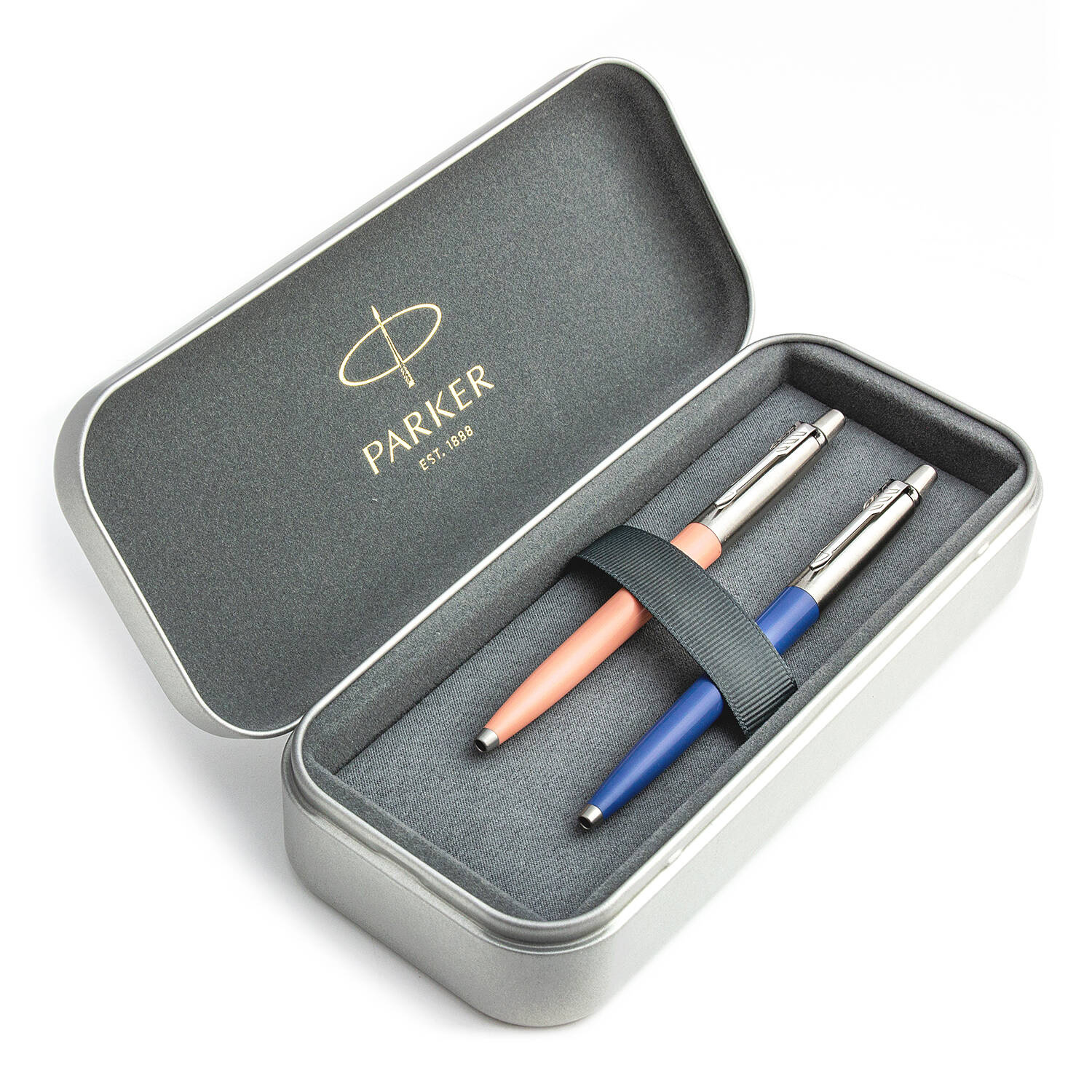 Parker Jotter Originals Powder Pink ir Blue Tušinukų dovanų rinkinys su metaliniu dėklu